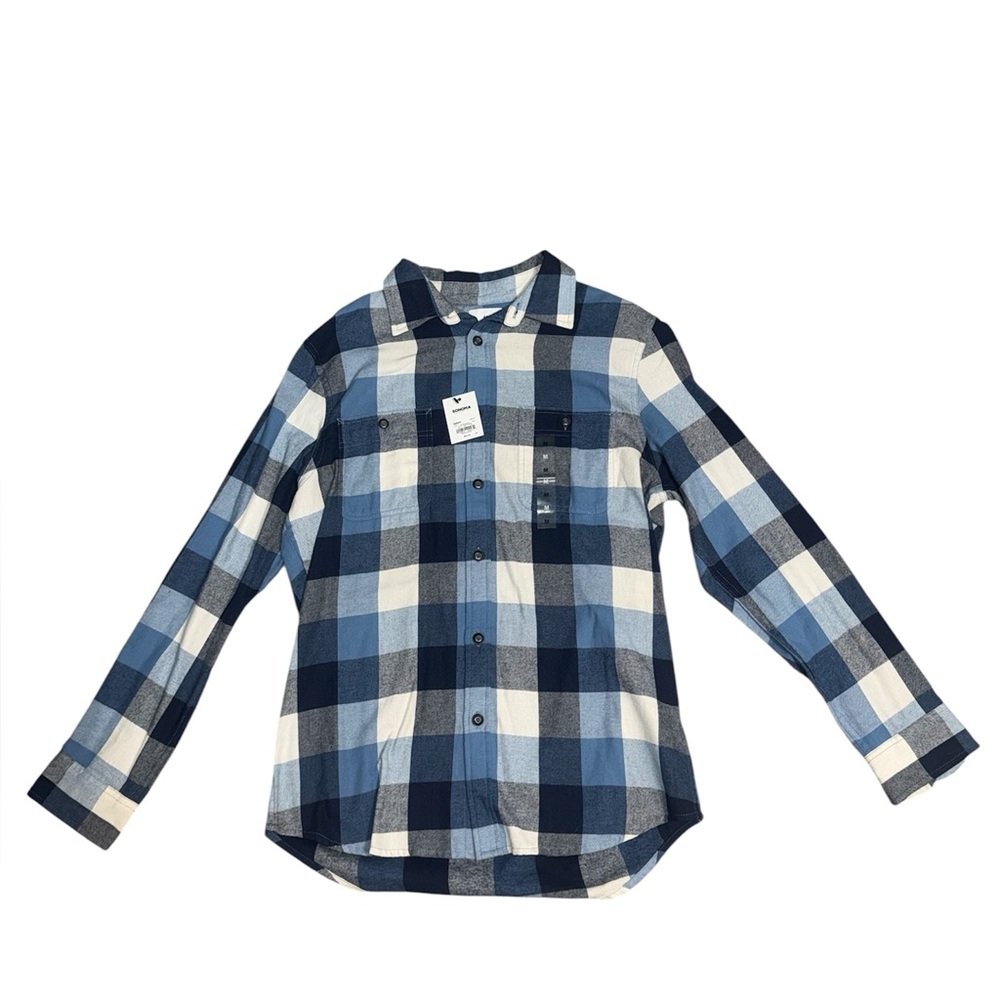 Men’s Blue & White Plaid Casual Button Up Shirt Sonoma Medium